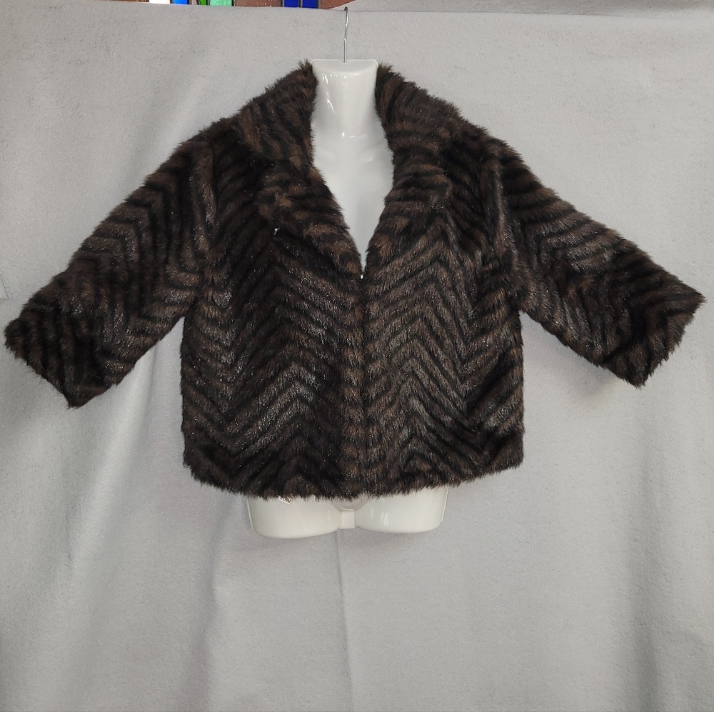 Mossimo Women’s Faux Fur "Mob Wife" Coat Jacket Black Brown Striped Lined Size L